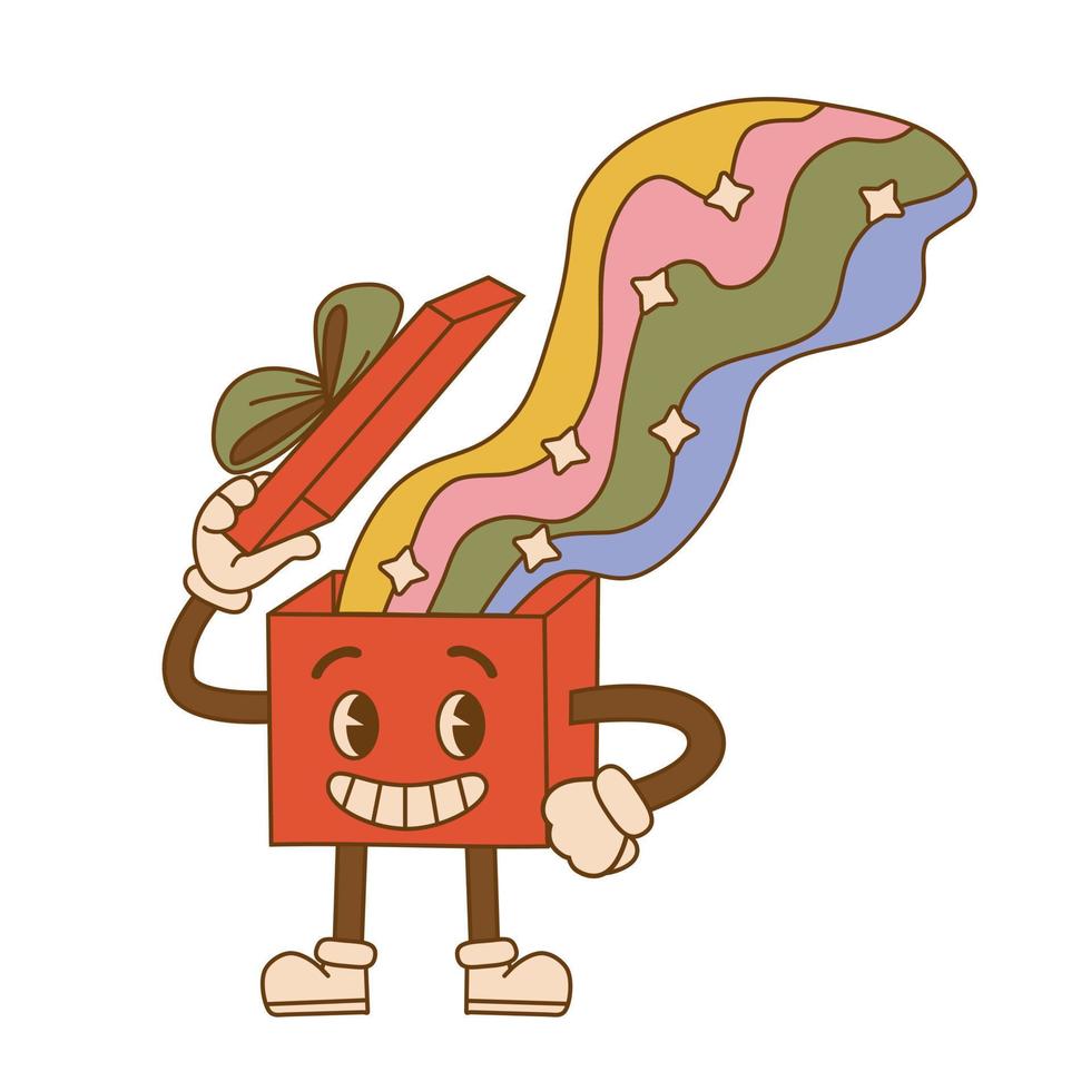 Comic character of a groovy gift box with rainbow in trendy cartoon style on isolated background. For card, poster, print. vector