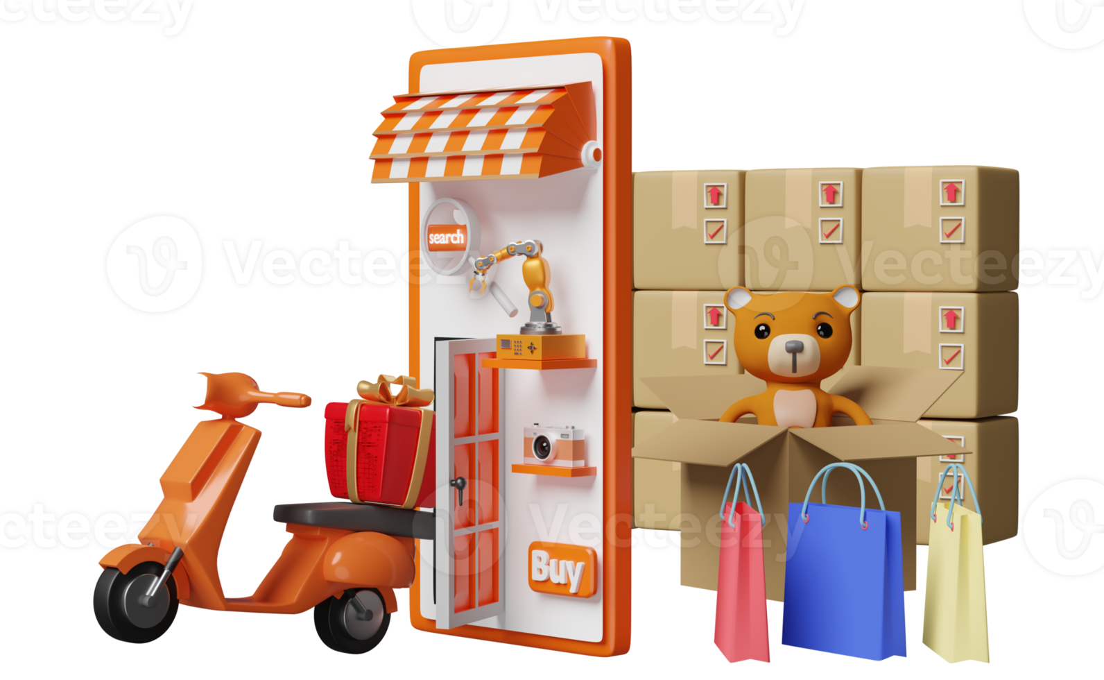 orange mobile phone or smartphone with store front, shopping paper bags, goods cardboard box, scooter isolated. franchise business, online shopping concept, 3d illustration, 3d render png