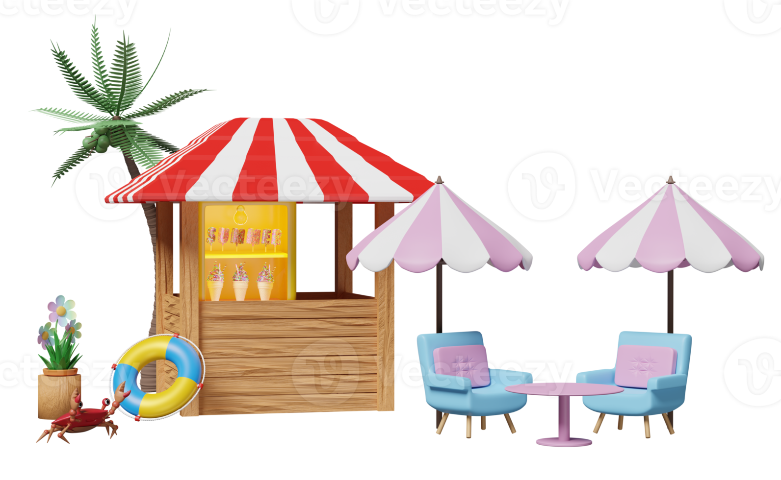 shop store cafe with ice cream showcases or fridge, coffee table, umbrella, palm tree, lifebuoy, sofa chair isolated. 3d illustration or 3d render png
