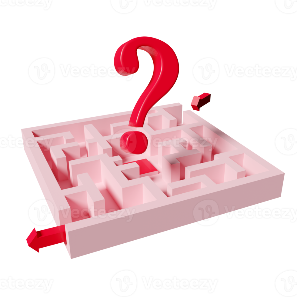 maze with question mark symbol, arrow isolated. FAQ or frequently asked questions, finding solution, business strategy concept, 3d illustration, 3d render png