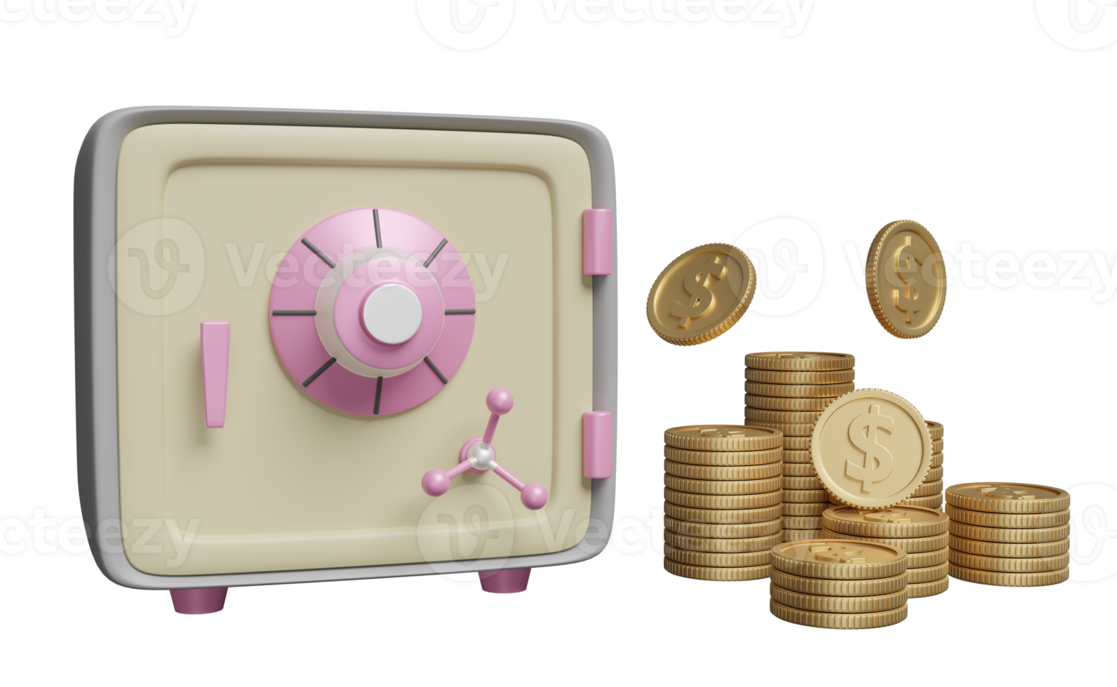 caja de seguridad llena de pila de monedas aislada. inversión, ahorro de dinero, concepto de finanzas bancarias comerciales, ilustración 3d o presentación 3d png