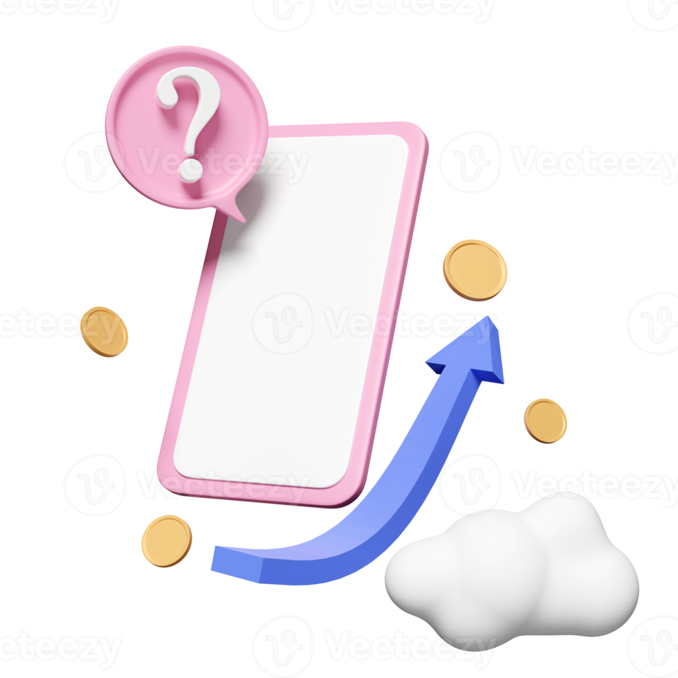 Teléfono inteligente 3d, teléfono móvil con signo de interrogación para el icono de notificación de redes sociales, gráfico de tendencia alcista del mercado de valores aislado. crecimiento del negocio de preguntas frecuentes, ilustración de renderizado 3d png