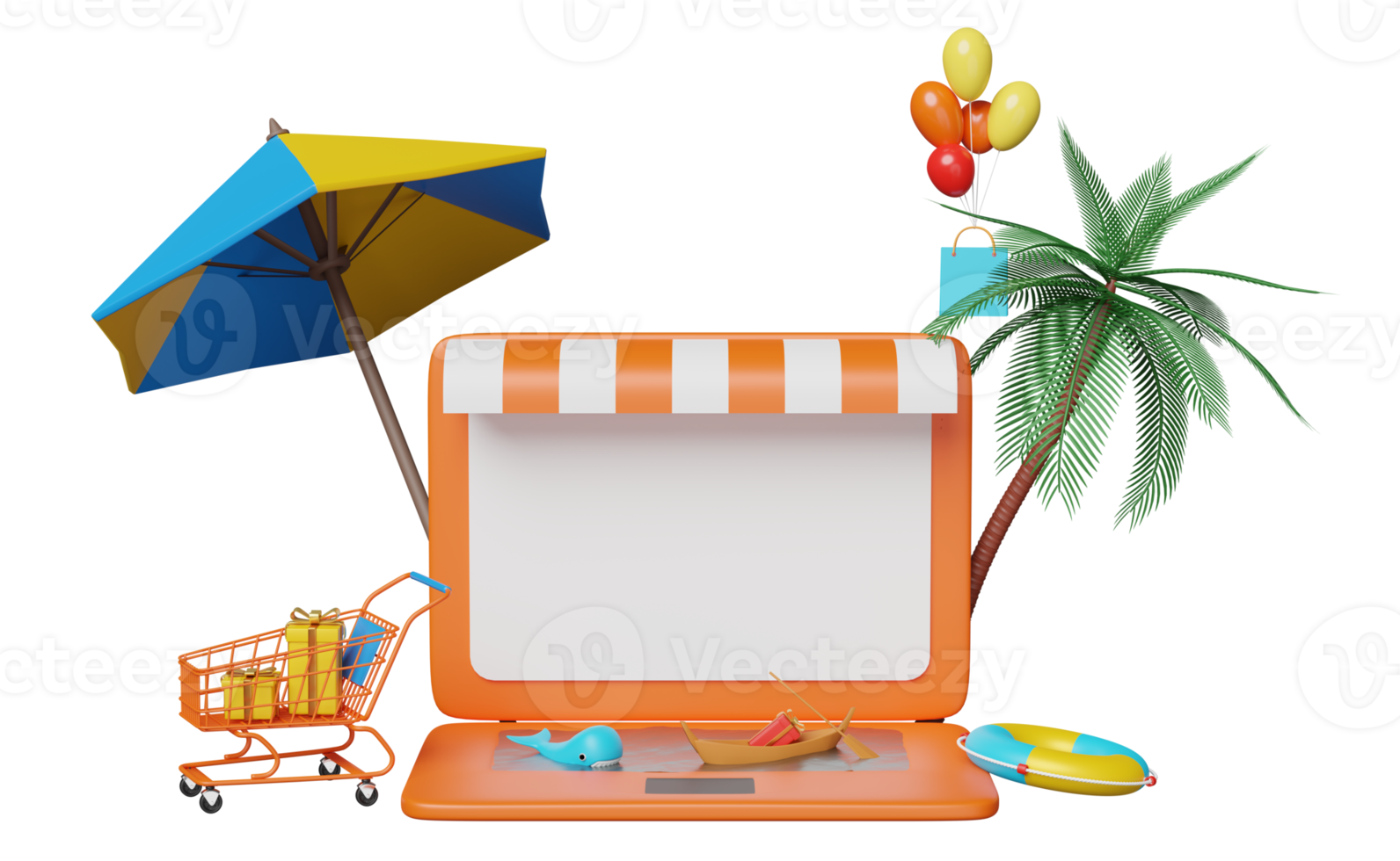 3d laptop computer monitor with store front, palm tree, cart, shopping paper, balloon, lifebuoy, whale, boat, gift box isolated. online shopping summer sale concept, 3d render illustration png