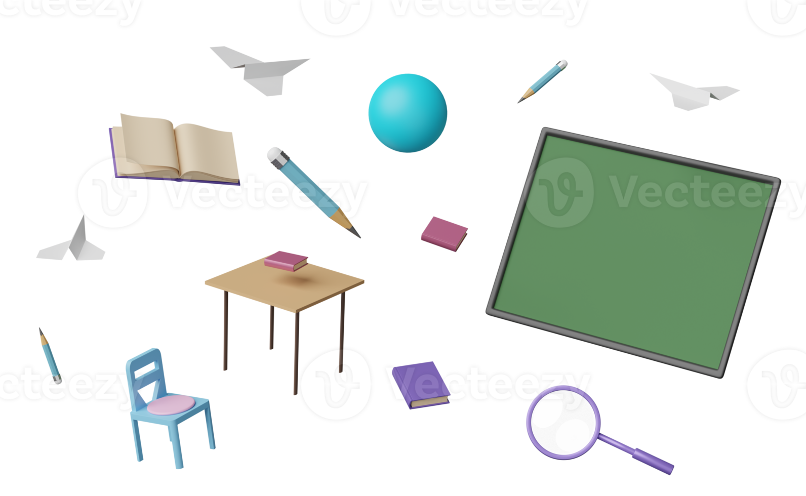 tableau noir vert avec globe, avion en papier, bureau d'étudiant, chaise, loupe, livre ouvert isolé. salle d'éducation innovante en ligne, concept d'apprentissage en ligne, illustration 3d ou rendu 3d png