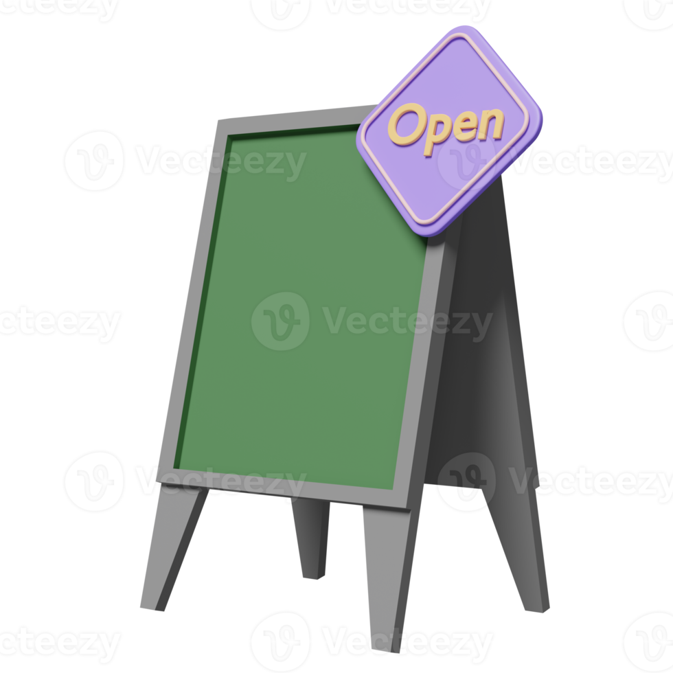 signe vert devanture de magasin avec étiquette violette ouverte isolée. concept illustration 3d ou rendu 3d png