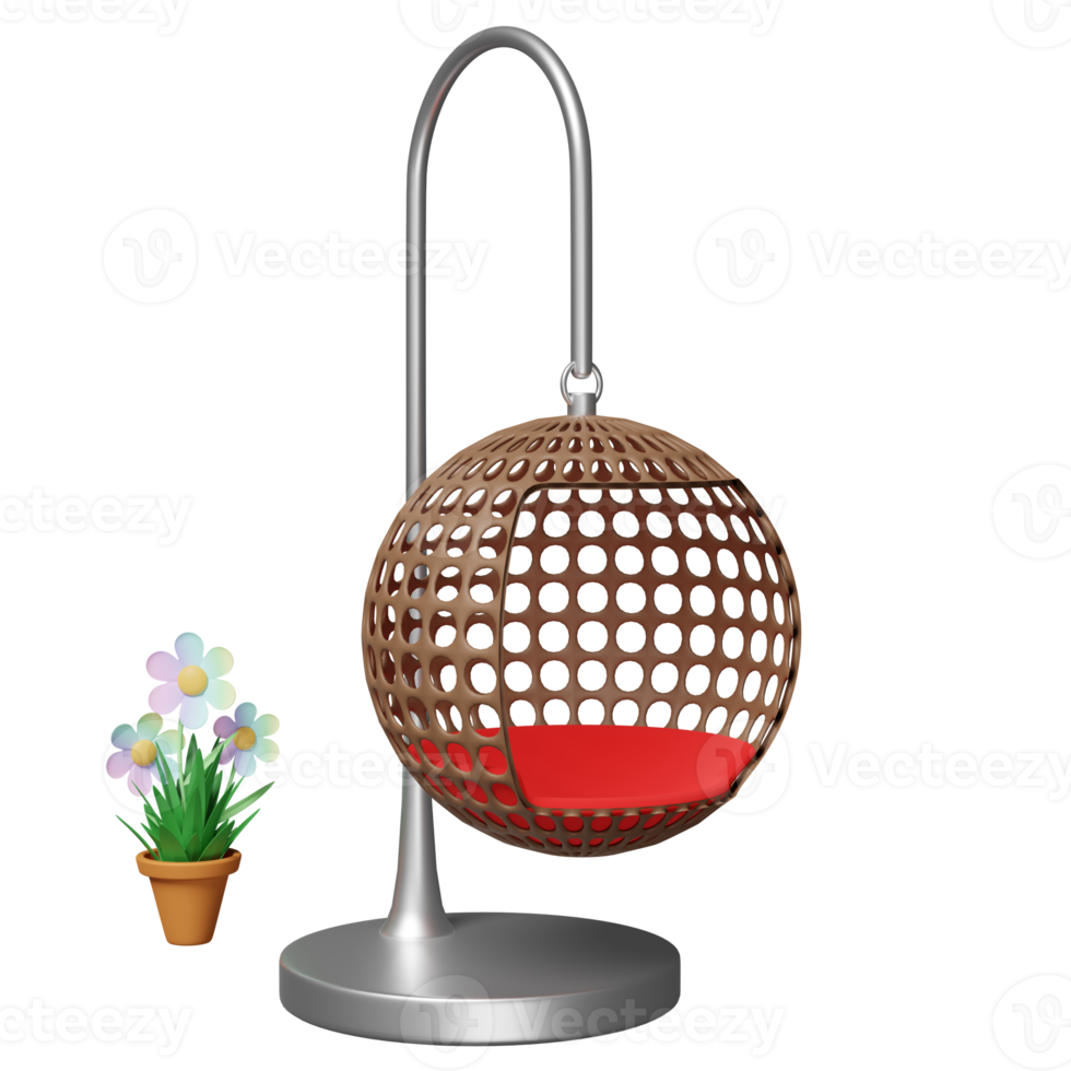 Hanging chair with flower pot isolated. furniture egg shaped design,3d illustration or 3d render png