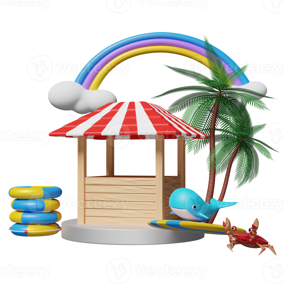 building shop store front with stage podium, lifebuoy, palm tree, whale, crab, rainbow, cloud, surfboard isolated. online shopping summer sale concept, 3d illustration or 3d render png