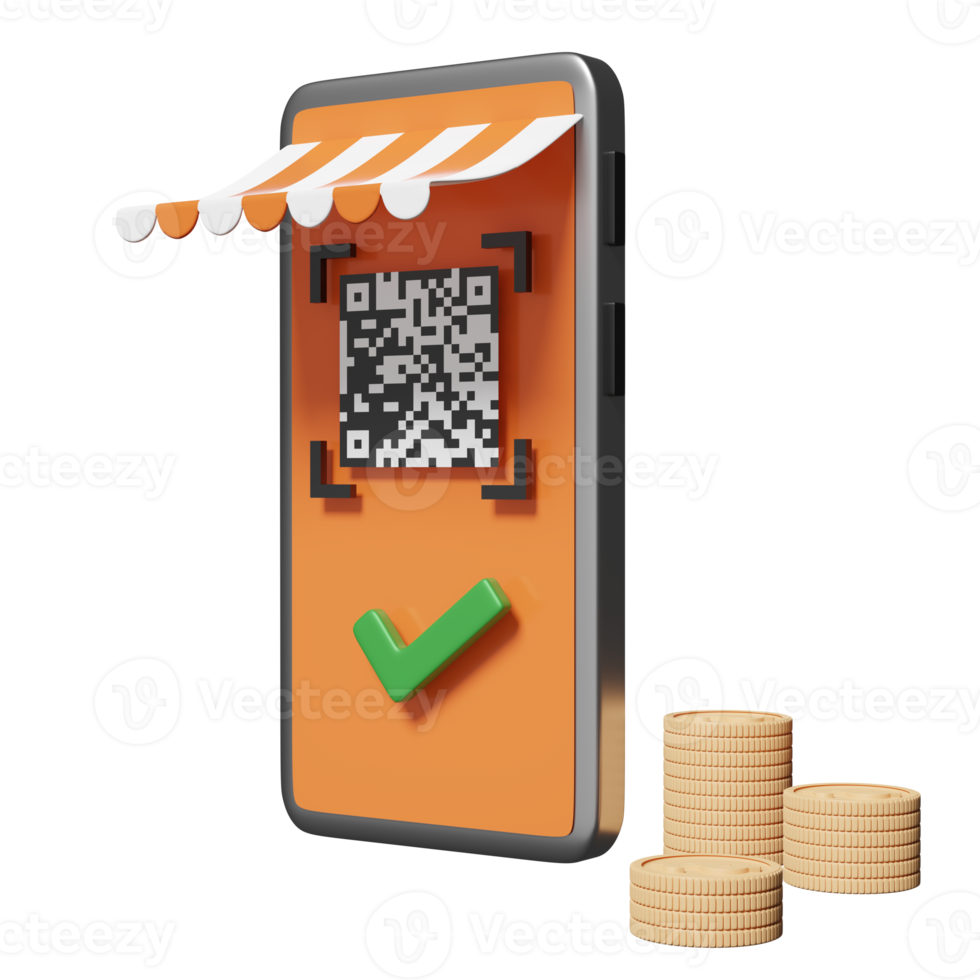 3D-Orange-Handy oder Smartphone mit Ladenfront, Barcode, QR-Code-Scannen, Häkchen, Münzen isoliert. Online-Shopping-Konzept, 3D-Darstellung png