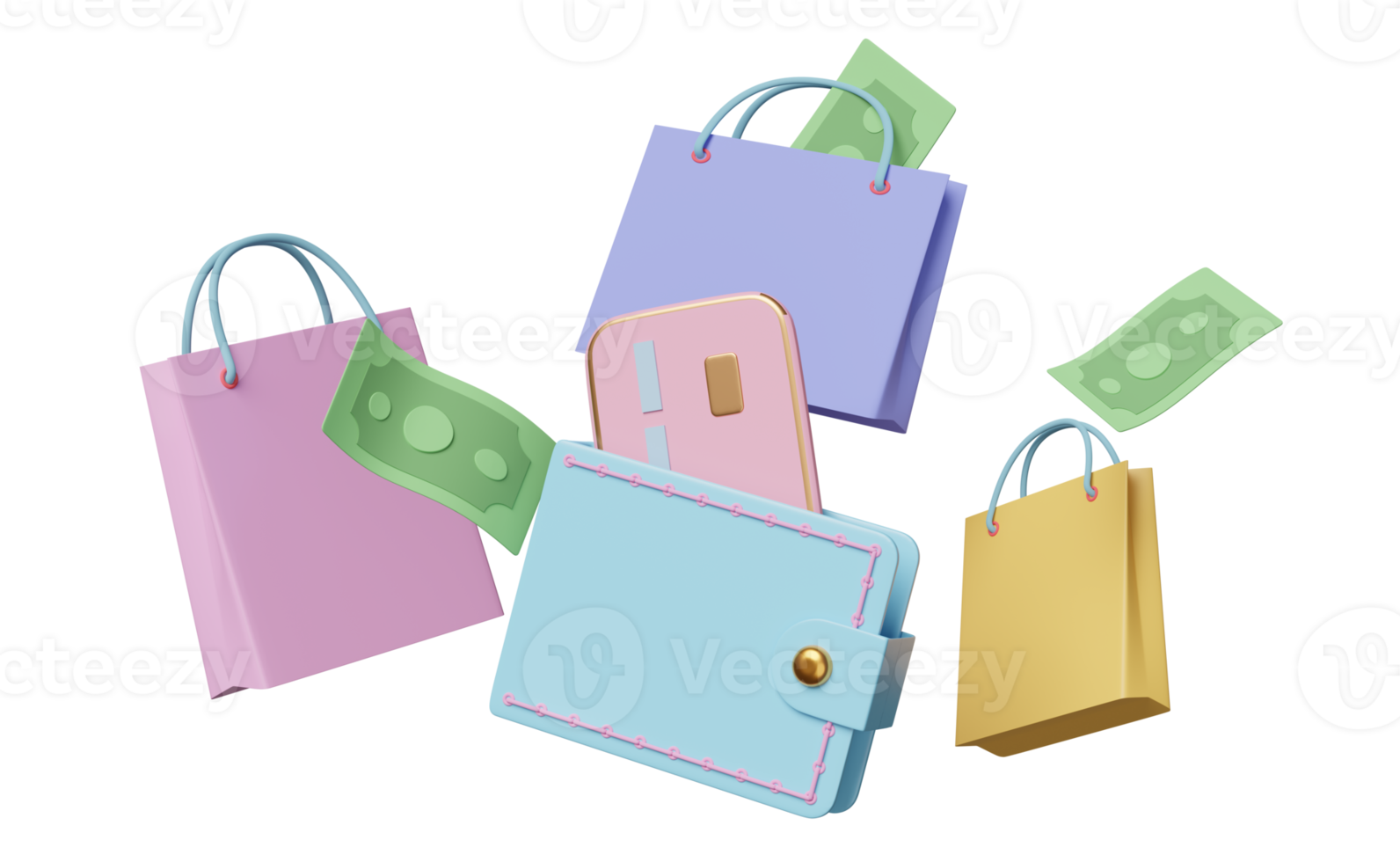wallet and credit card with dollar banknote, shopping paper bags isolated. saving money concept, 3d illustration or 3d render png