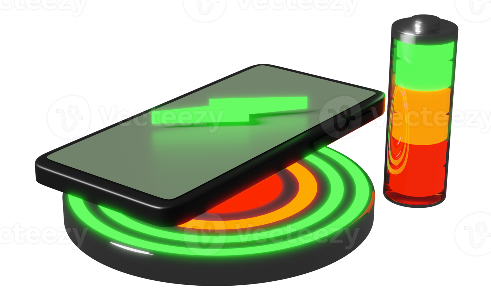 Wireless charging pedestal with smartphone battery isolated. charging battery technology concept, 3d illustration, 3d render png