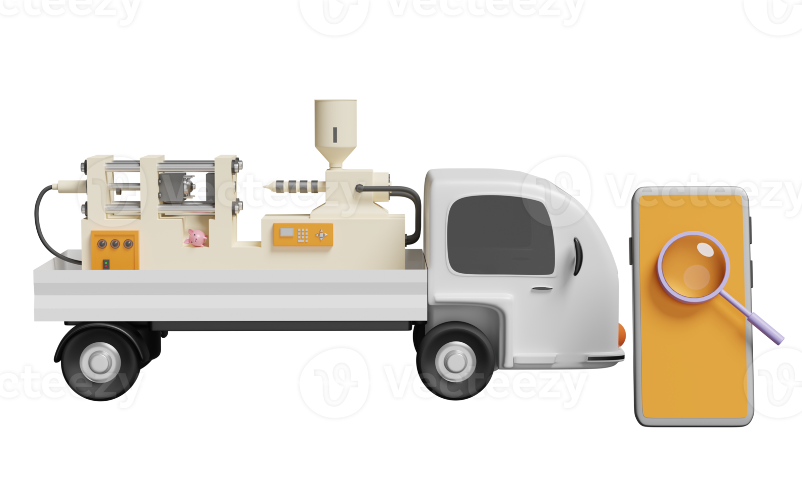 mobile phone, smartphone with search, magnifying, truck, plastic injection molding machine isolated. Online delivery or online order tracking concept, 3d illustration or 3d render png