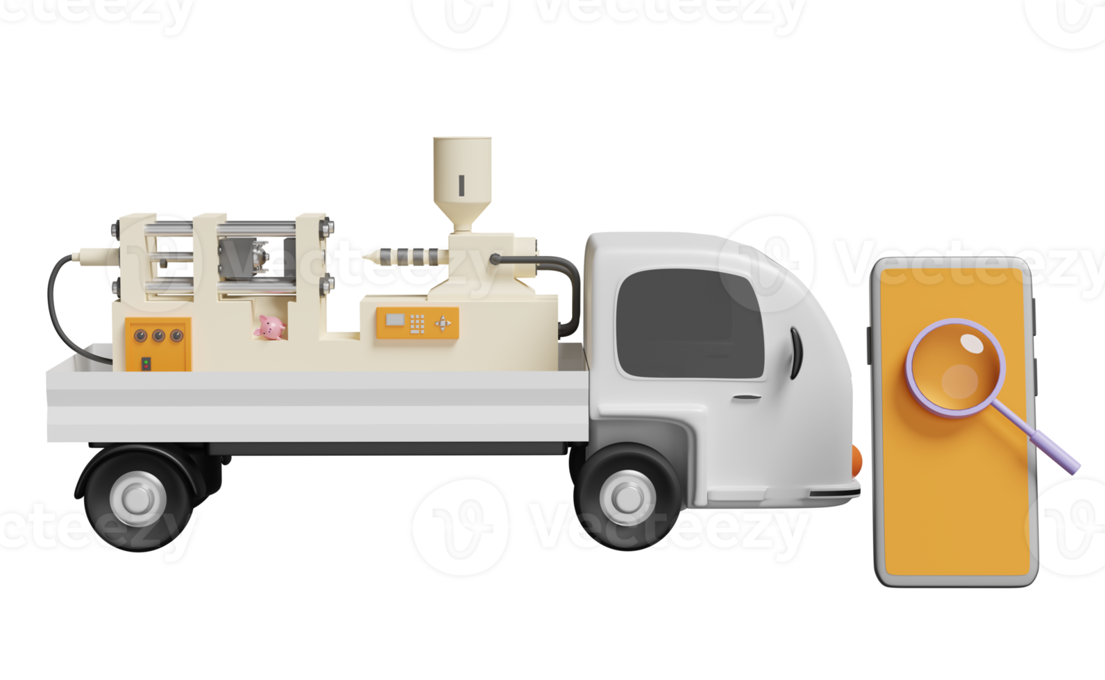 teléfono móvil, teléfono inteligente con búsqueda, lupa, camión, máquina de moldeo por inyección de plástico aislada. entrega en línea o concepto de seguimiento de pedidos en línea, ilustración 3d o presentación 3d png