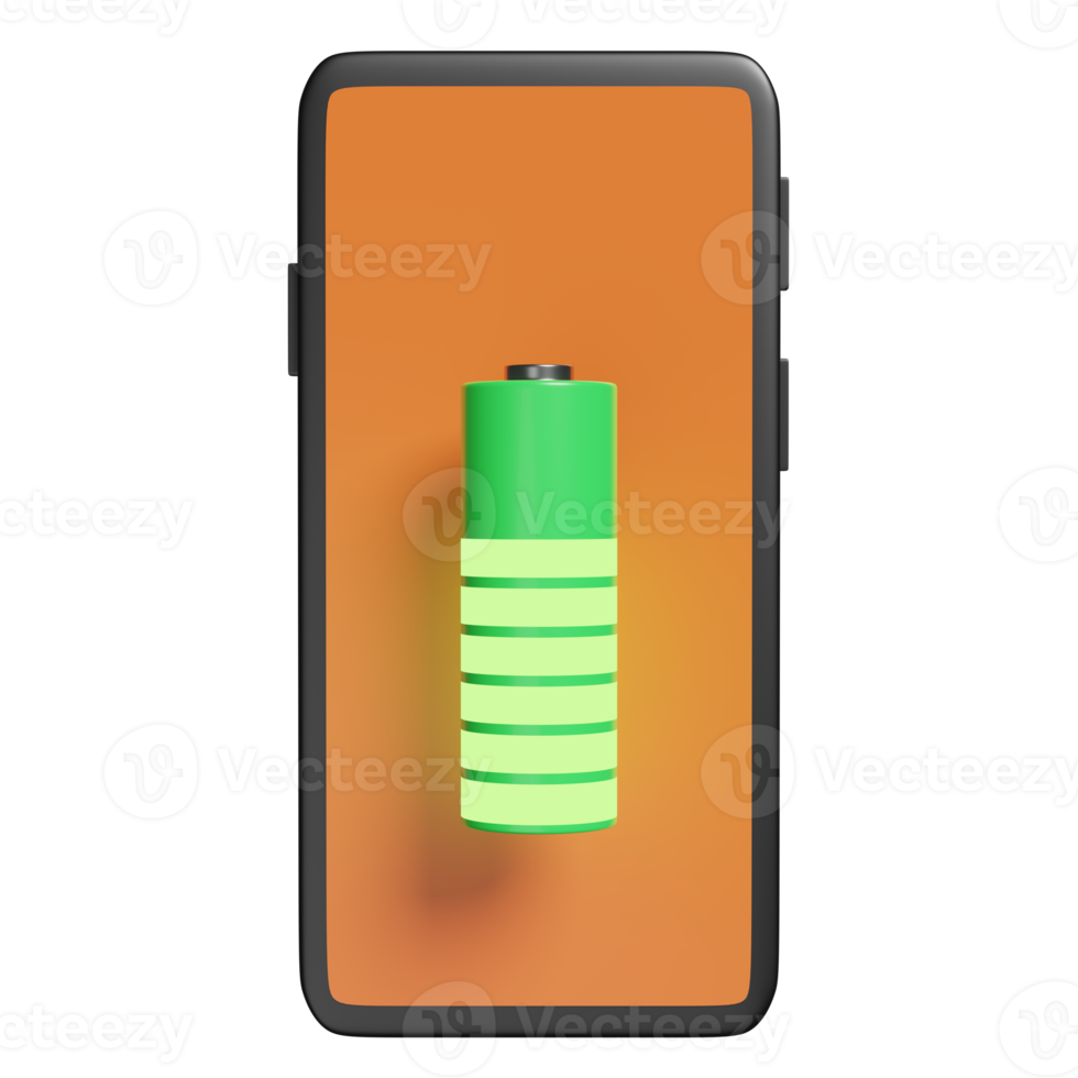 Aufladen von Smartphones oder Mobiltelefonen mit isolierter Batterieladeanzeige. Ladebatterie-Technologiekonzept, 3D-Illustration, 3D-Rendering png