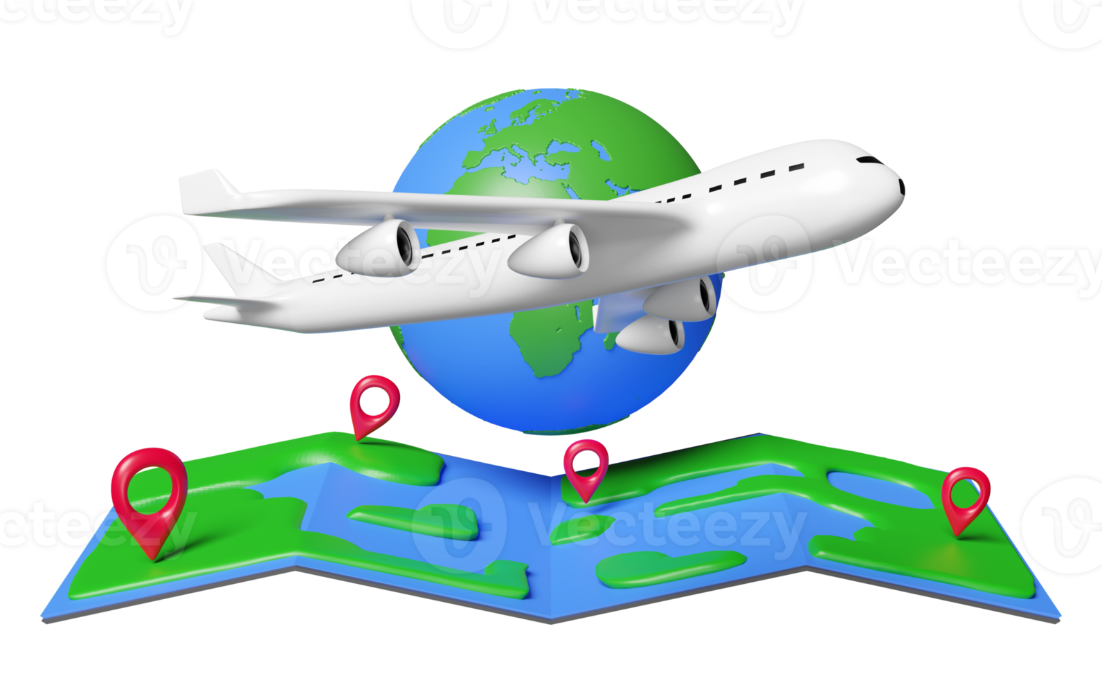 reiseweltkarte mit passagierflugzeug, pin isoliert. luftfrachttransporte, weltreisekonzept, 3d-illustration oder 3d-rendering png