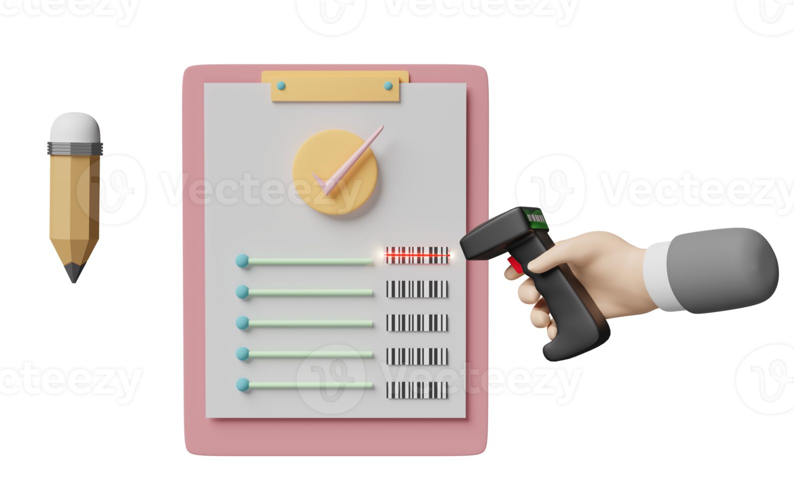 check list with hands holding barcode scanner, clipboard, check mark isolated. concept 3d illustration or 3d render png