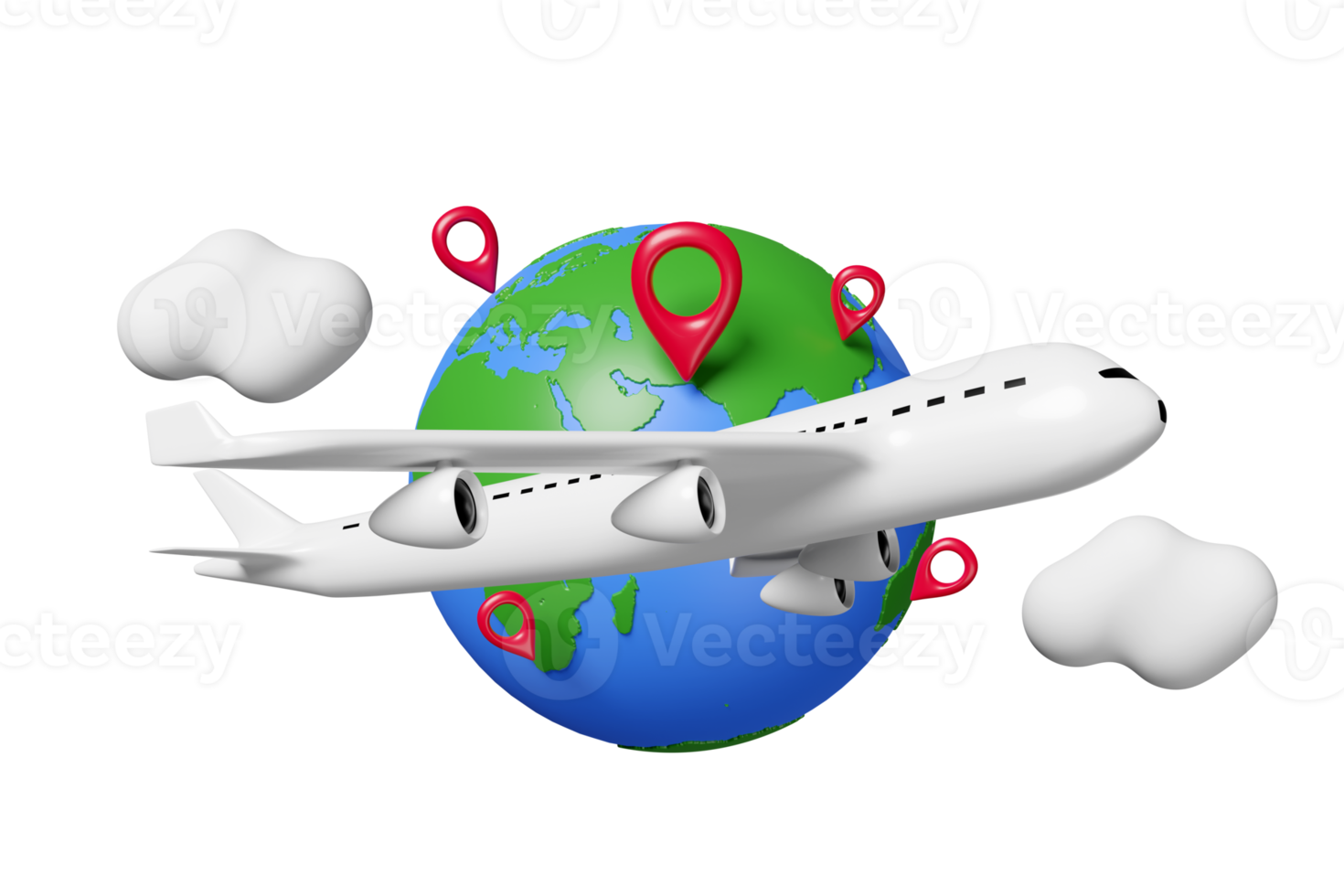 carte du monde de voyage avec avion de passagers, épingle, nuage isolé. camionnage de fret aérien, concept de voyage autour du monde, illustration 3d ou rendu 3d png