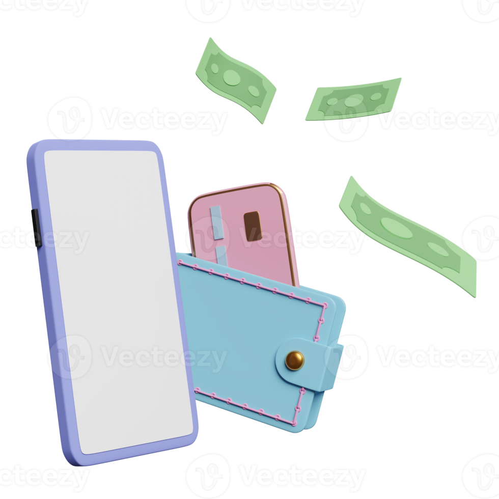 portemonnee met mobiel telefoon, smartphone, credit kaart, bankbiljet geïsoleerd. besparing geld concept, 3d illustratie of 3d geven png