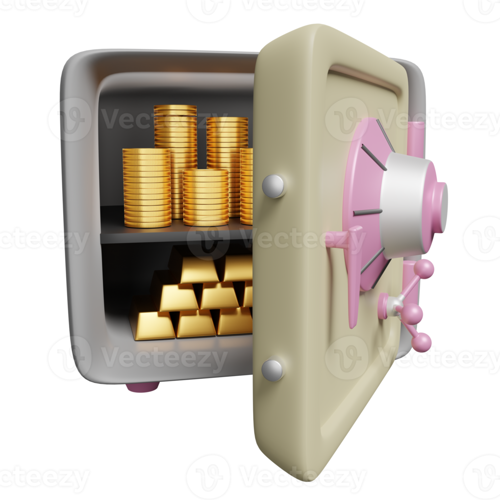 Safe box full of coins stack and gold bar isolated. investment, saving money, business banking finance concept, 3d illustration or 3d render png