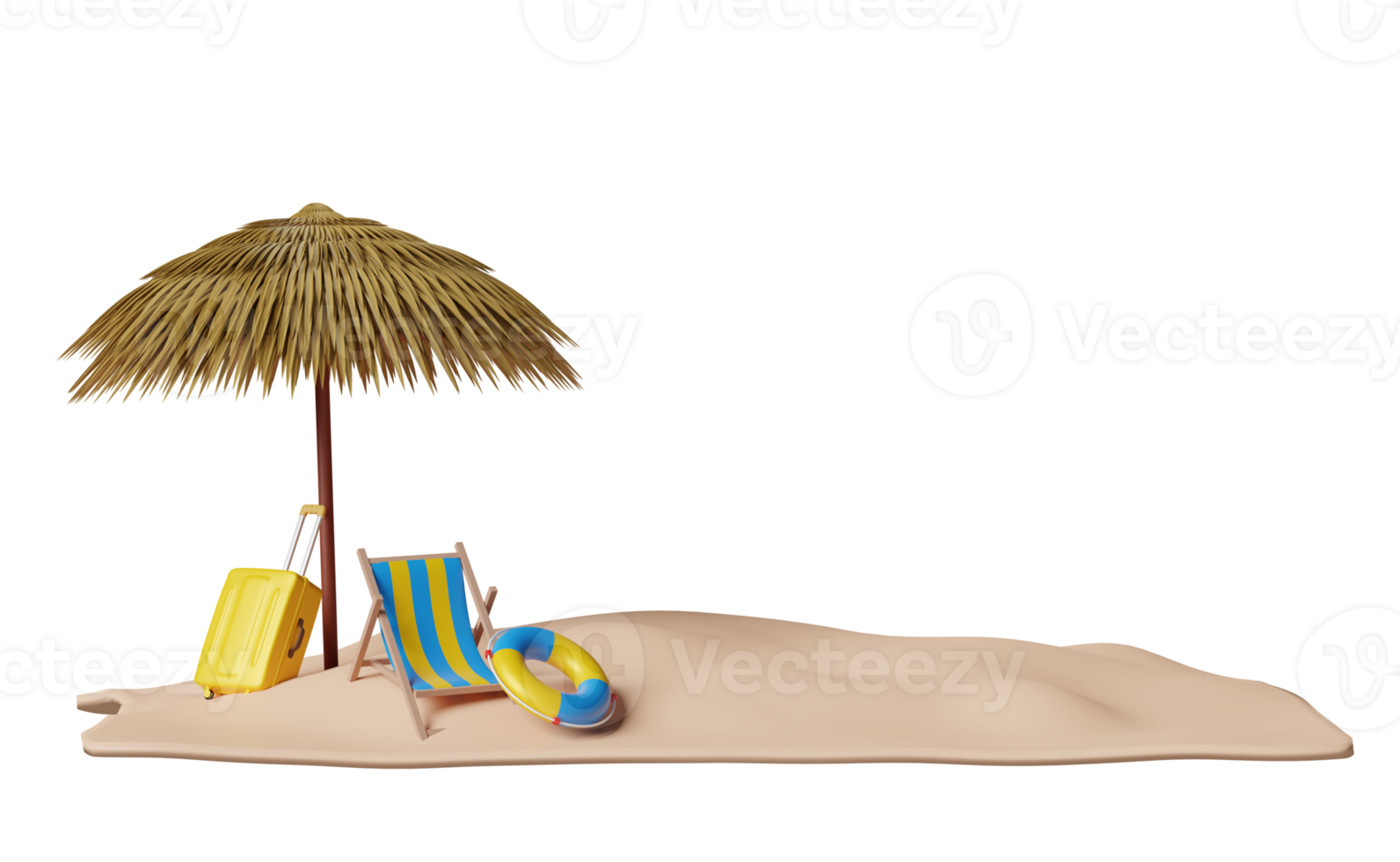 sommerreise mit koffer, regenschirm, rettungsring, strandkorb, am meer isoliert. konzept 3d-illustration oder 3d-rendering png