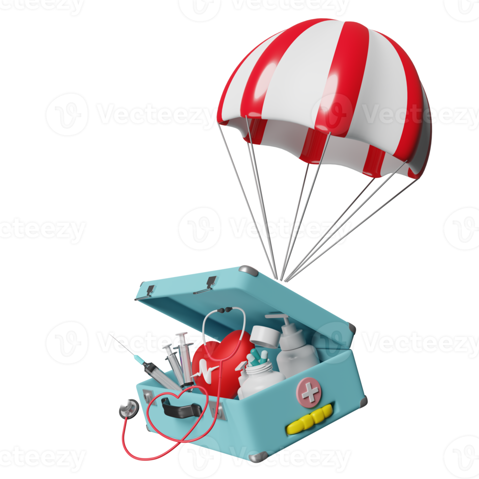 parachute with first aid kit, stethoscope, syringe, red heart and blood pressure heart rate isolated. health love or world heart day concept, 3d illustration or 3d render png