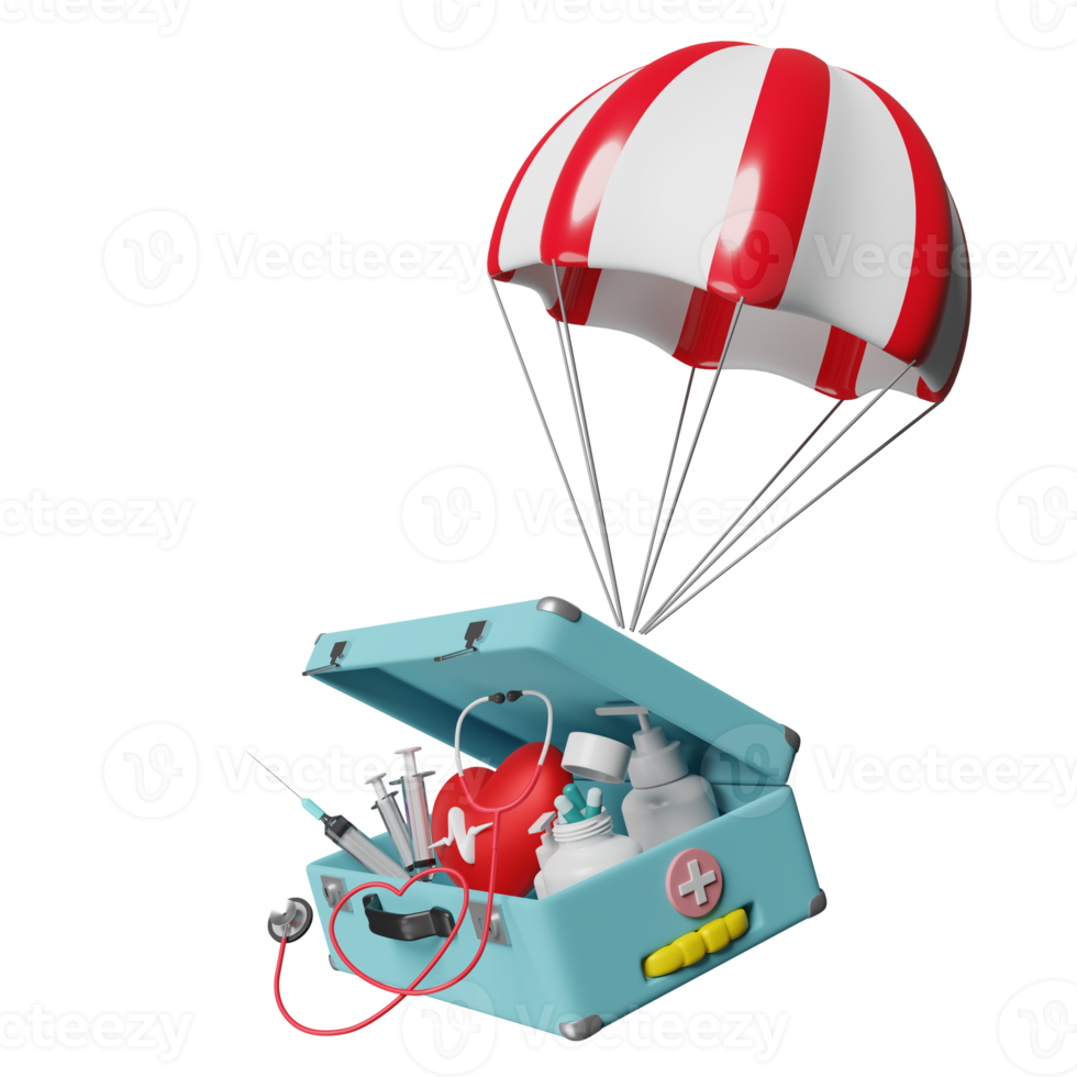 parachute met eerste steun uitrusting, stethoscoop, spuit, rood hart en bloed druk hart tarief geïsoleerd. Gezondheid liefde of wereld hart dag concept, 3d illustratie of 3d geven png