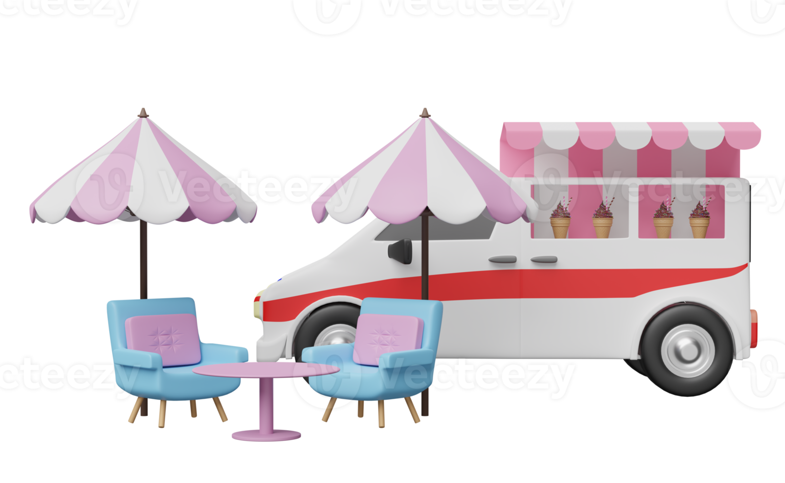 food truck vehicle with ice cream showcases or fridge,coffee table, umbrella, sofa chair isolated, 3d illustration or 3d render png