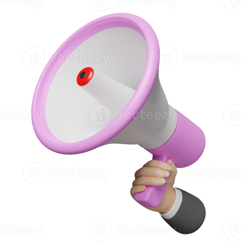 3d businessman hands holding pink megaphone or hand speaker isolated. online marketing shopping, promotion news for social media networks concept, 3d render illustration png