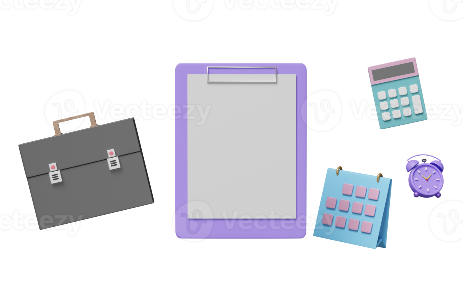 empty checklist, mockup purple clipboard with briefcase, calculator, calculator isolated. concept 3d illustration or 3d render png