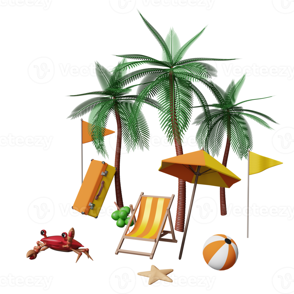 zomer reizen met koffer, strand stoel, paraplu, kokosnoot, palm boom, krab, bal, vlag, zeester geïsoleerd. concept 3d illustratie of 3d geven png