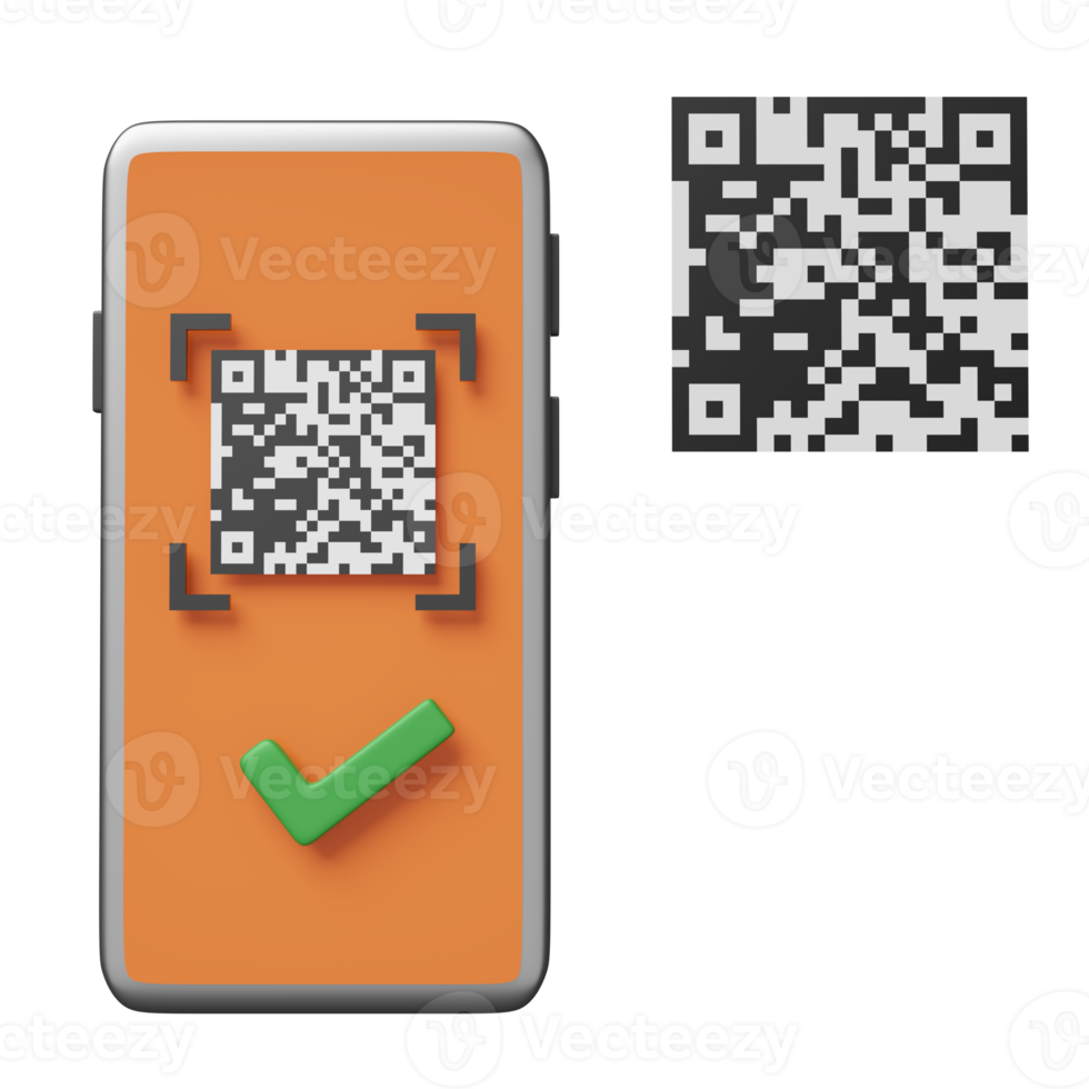 oranje mobiel telefoon of smartphone met streepjescode, qr code scannen, controleren Mark geïsoleerd. online boodschappen doen concept, 3d illustratie, 3d geven png