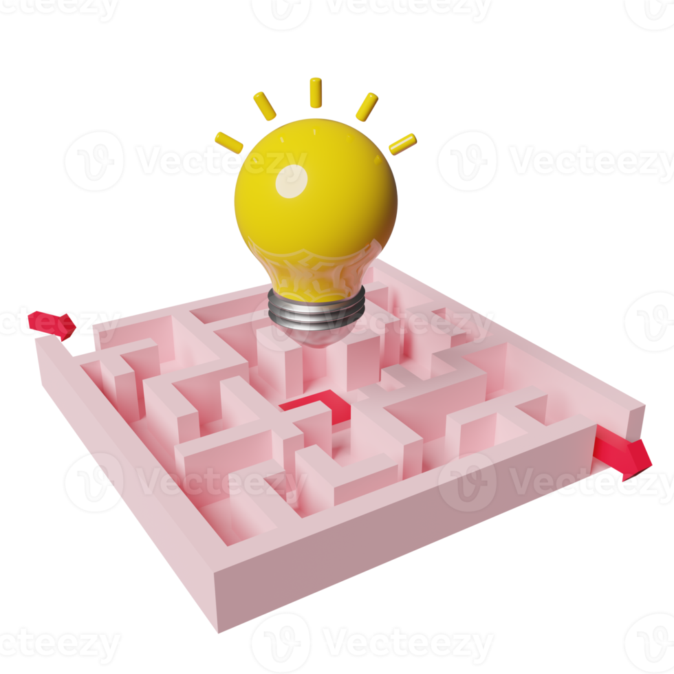 labirinto con freccia, giallo leggero lampadina isolato. scoperta soluzione, attività commerciale strategia concetto, 3d illustrazione, 3d rendere png