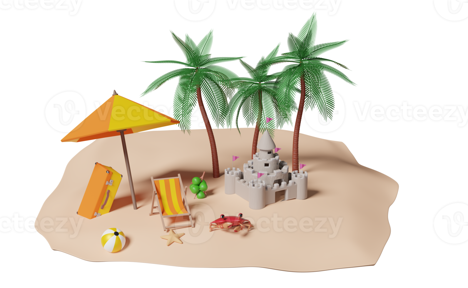 viaje de verano con maleta, castillo de arena, isla, paraguas, coco, palmera, mar, silla de playa, cangrejo, bola, delfín, concepto de ilustración 3d o representación 3d png