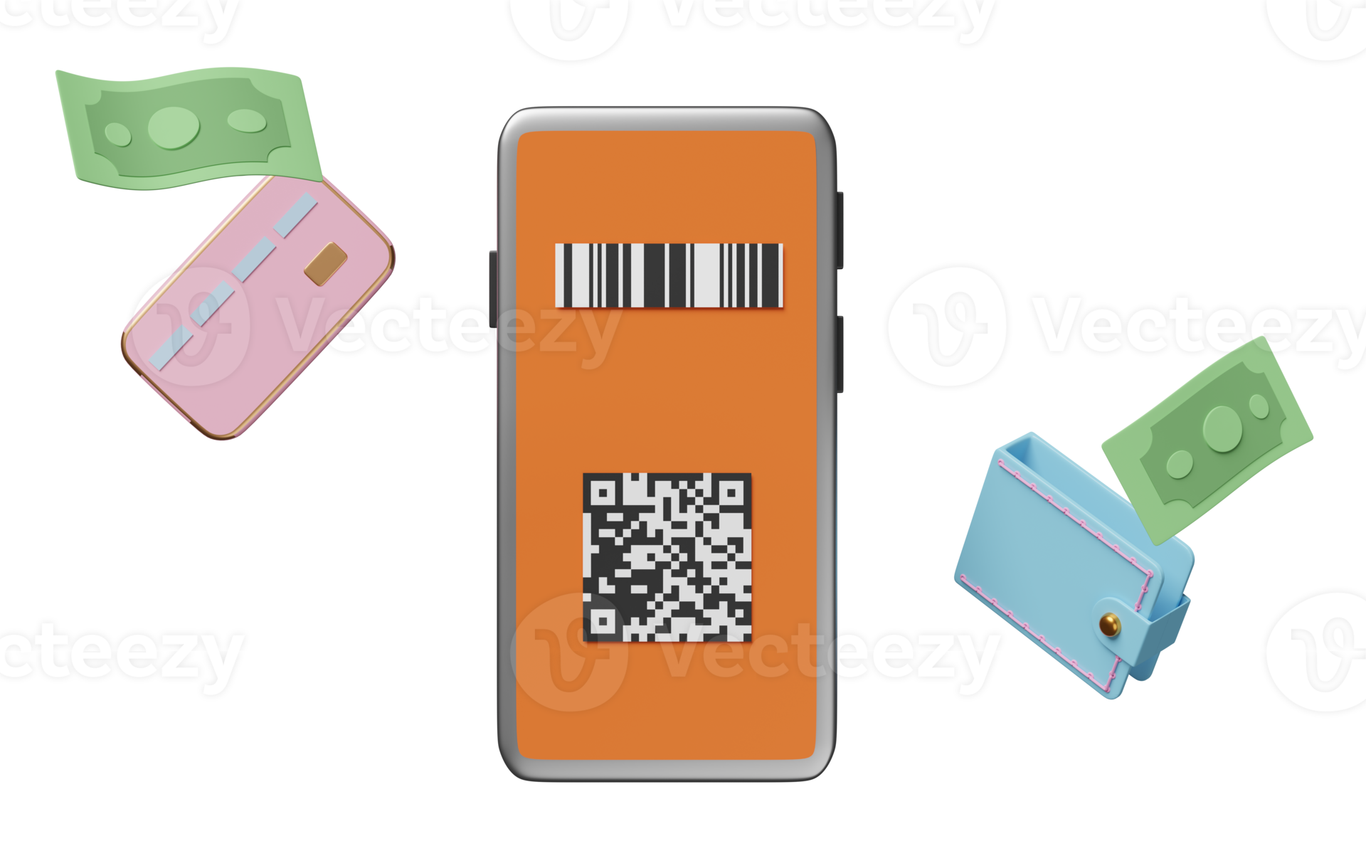 3d orange mobile phone or smartphone with barcode, qr code scanning