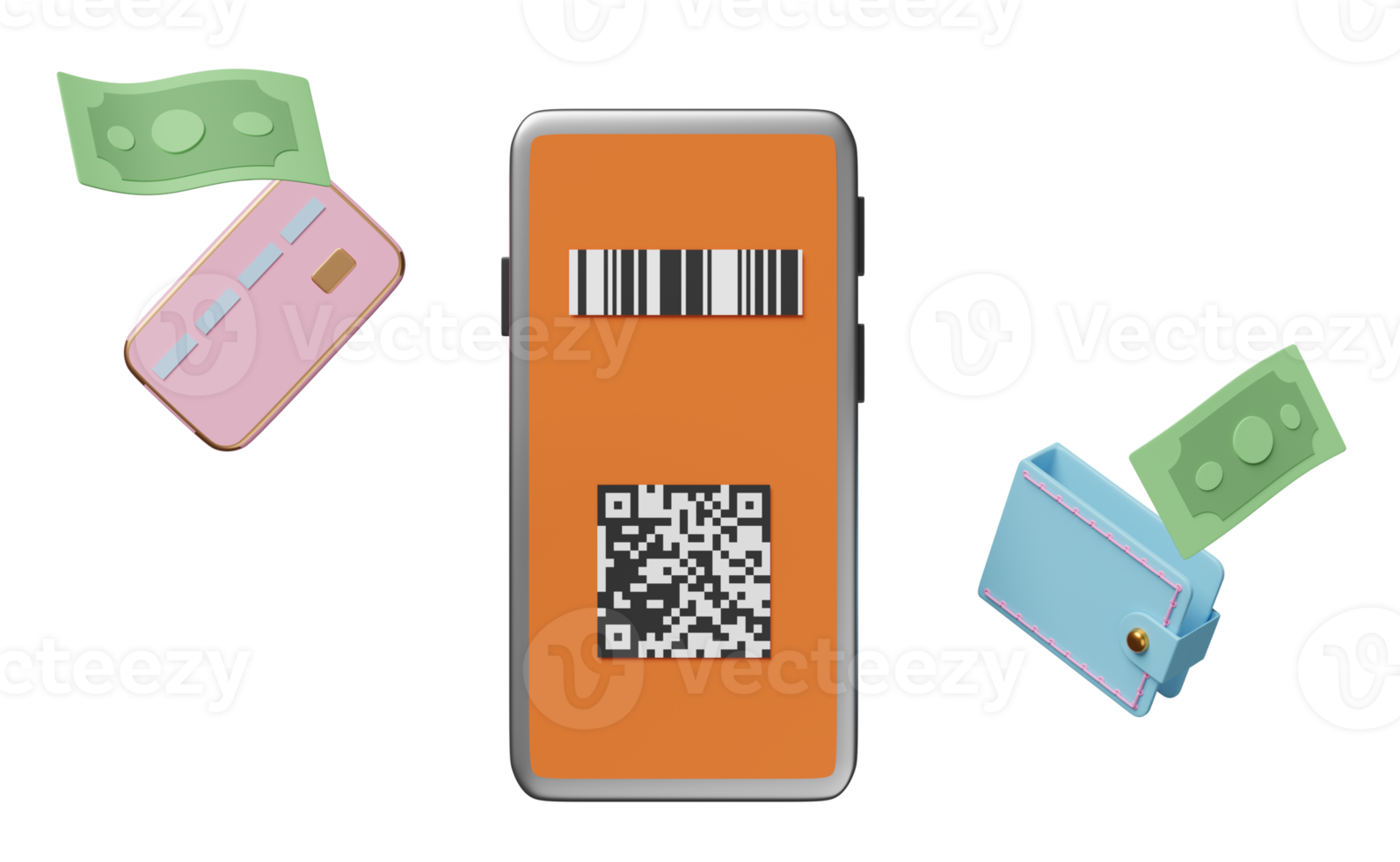 Teléfono móvil naranja 3d o teléfono inteligente con código de barras, escaneo de código qr, billetera, billetes, tarjeta de crédito aislada. compras en línea, concepto de pago sin efectivo, ilustración 3d png