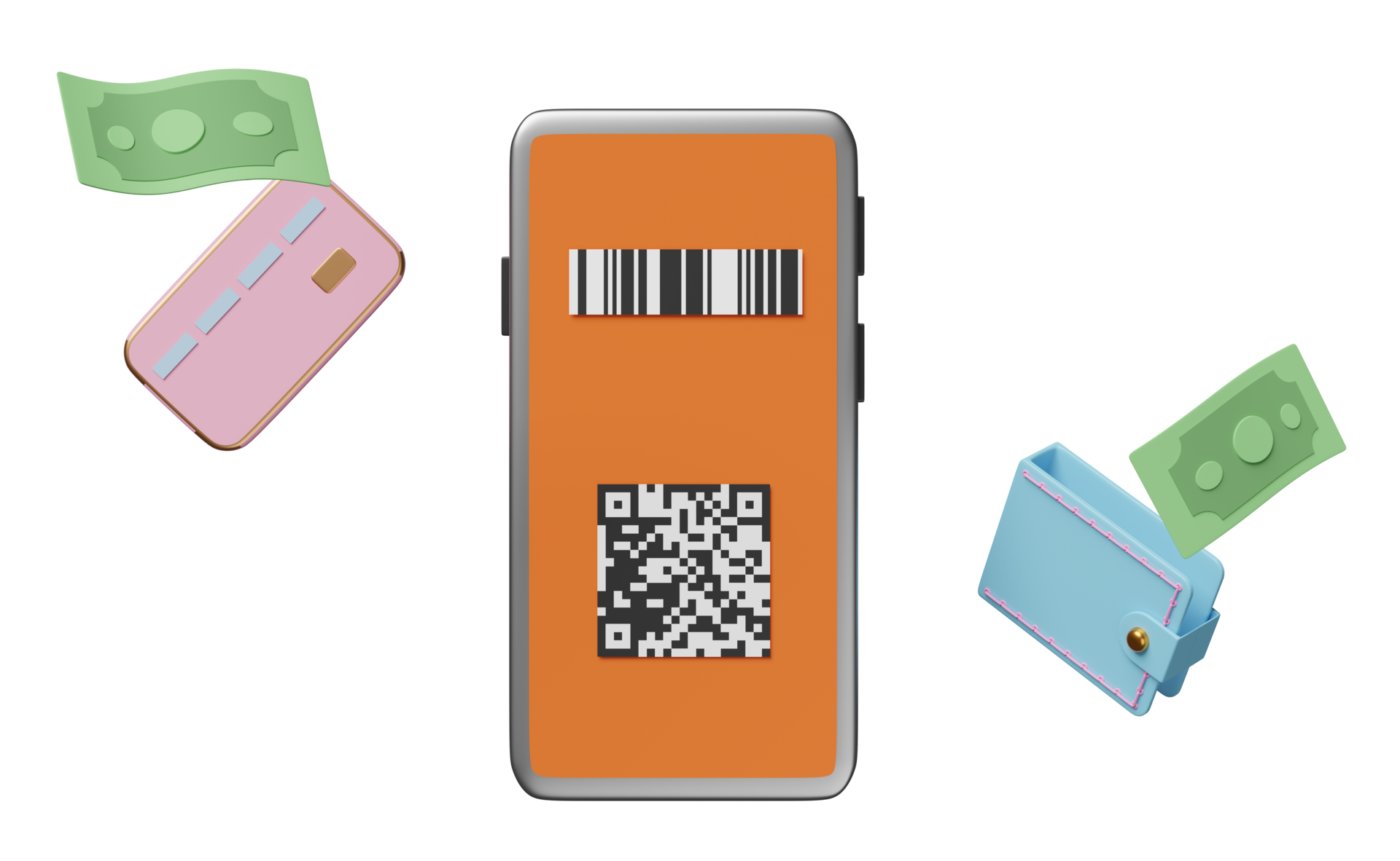 3d orange mobile phone or smartphone with store front, barcode, qr