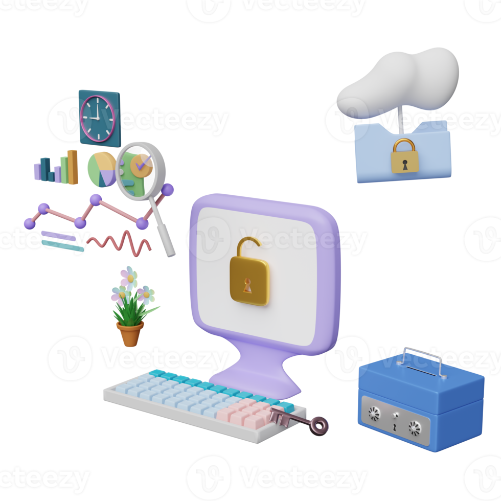 computer mit diagrammdiagramm, analysegeschäftsfinanzdaten, entriegeln, sperren, wolkenordner, sicherer kasten lokalisiert. online-marketing, geschäftsstrategiekonzept, 3d-illustration, 3d-rendering png