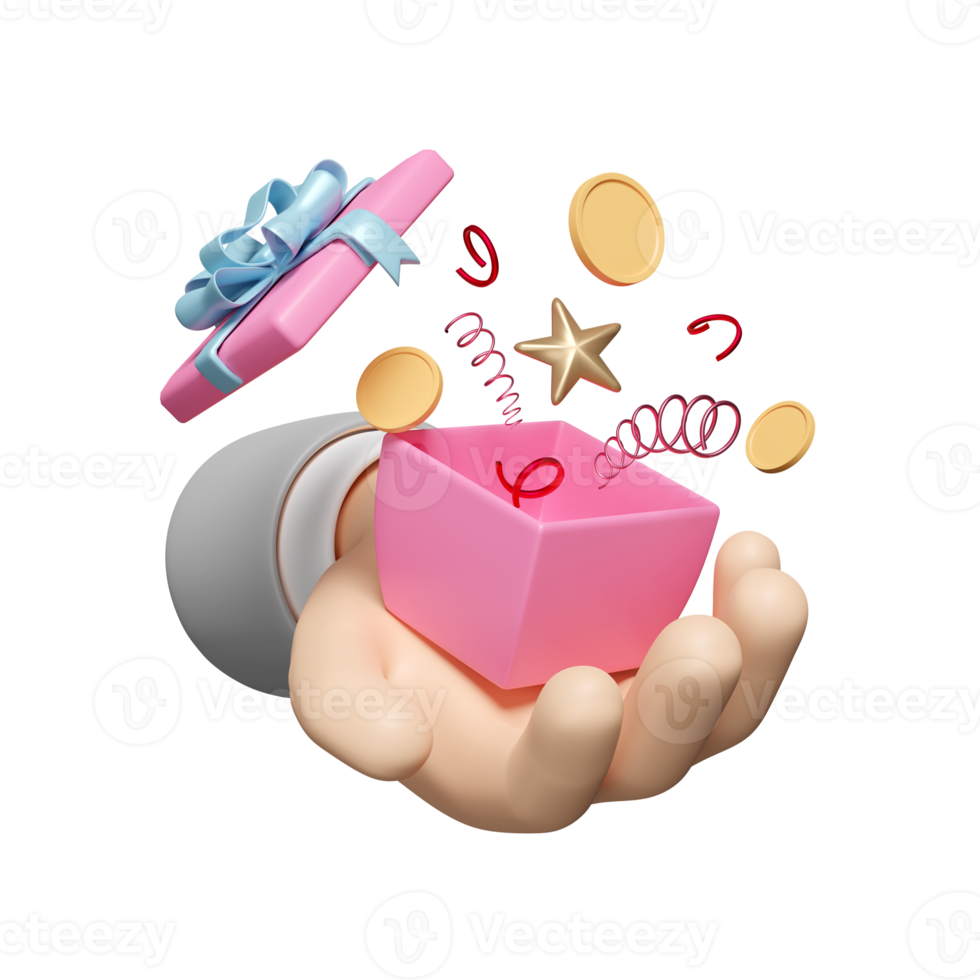 3d hands holding surprise gift box with floating star, coin, geometric shapes isolated. special offer concept, 3d render illustration png