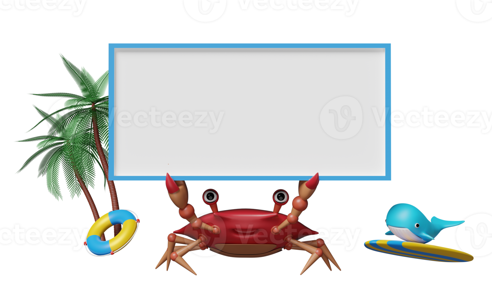 Viagem de verão 3d com modelo, palmeira, baleia, caranguejo, bóia salva-vidas isolada. conceito de venda de verão comercial, ilustração de renderização 3d png