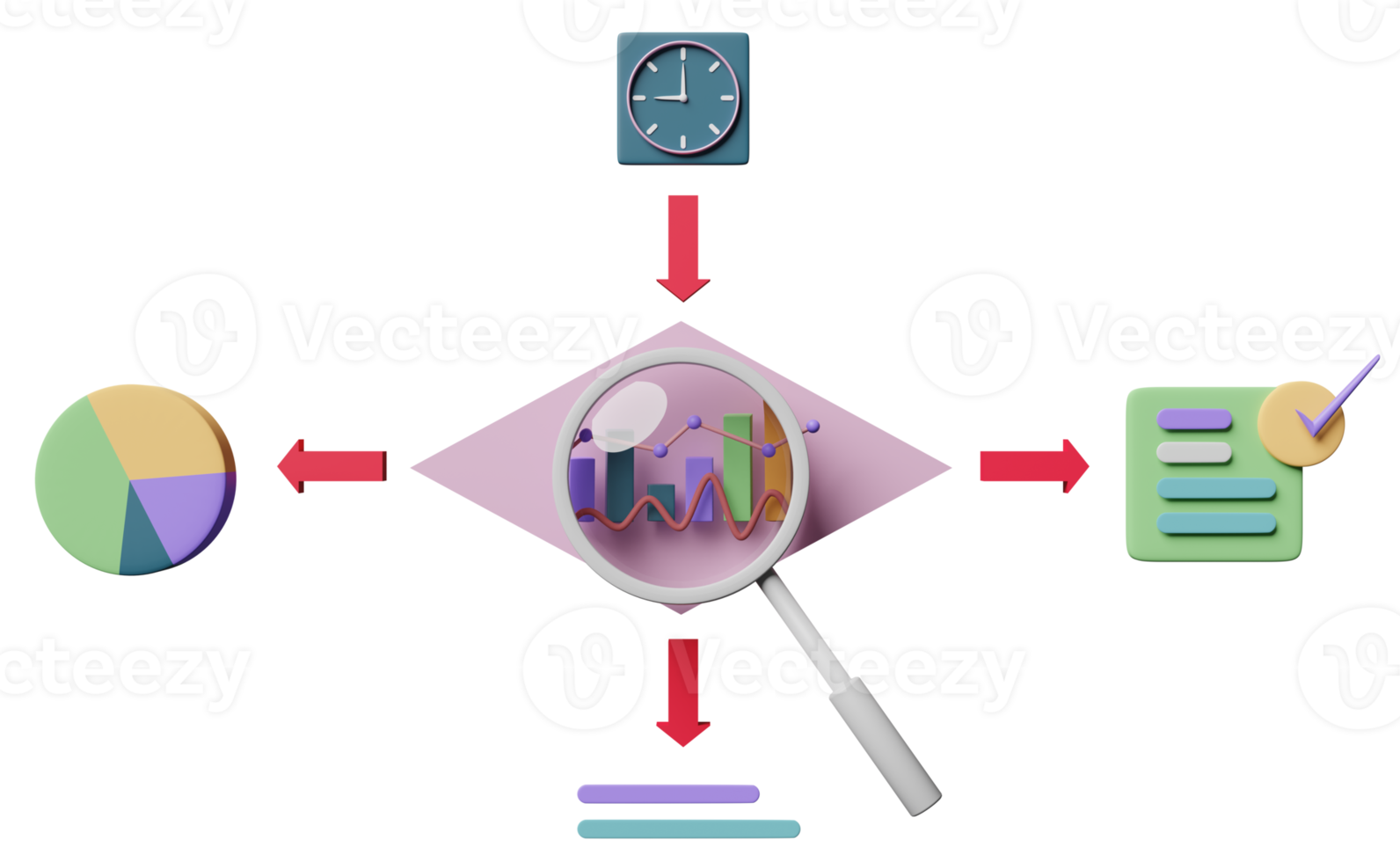 diagrama de flujo, gráficos y gráficos con análisis de datos financieros comerciales, marketing en línea, verificación, reloj de tiempo aislado. concepto de estrategia empresarial, ilustración 3d o presentación 3d png