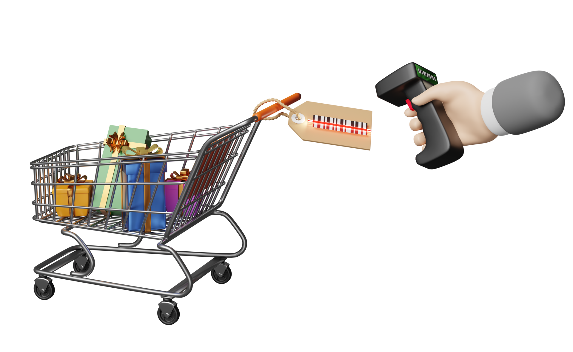 shopping cart with gift box, businessman hands holding barcode scanner