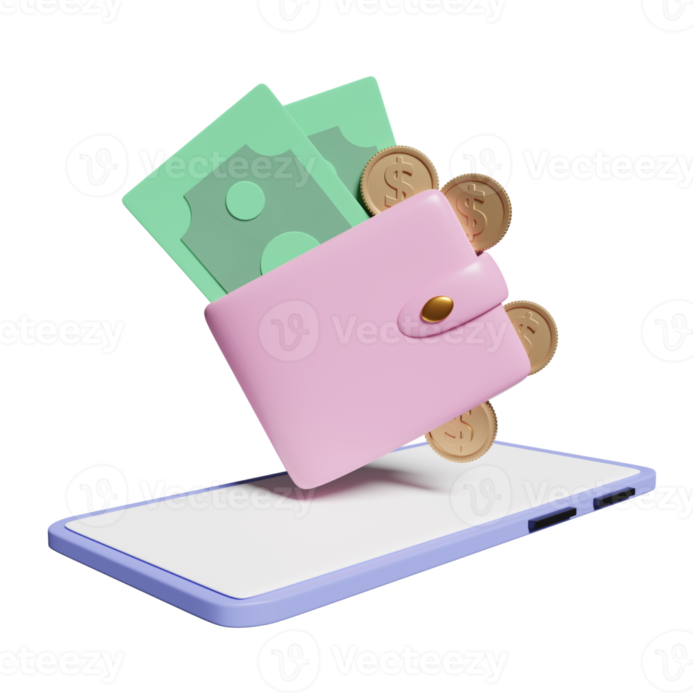wallet with mobile phone, smartphone, coins, banknote isolated. saving money concept, 3d illustration or 3d render png