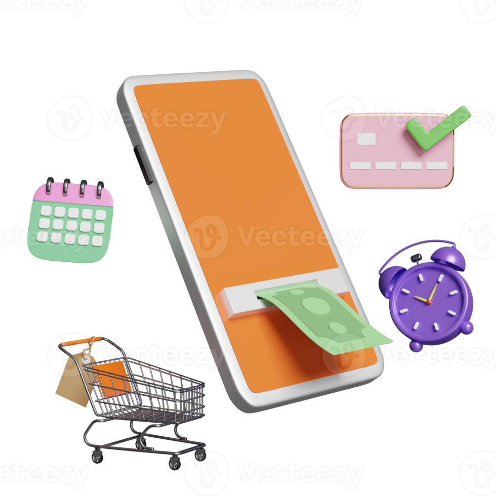 mobile phone, smartphone with banknote, check mark, credit card, shopping cart, calendar, clock isolated. withdrawal cash with atm machine transaction concept, 3d illustration, 3d render png