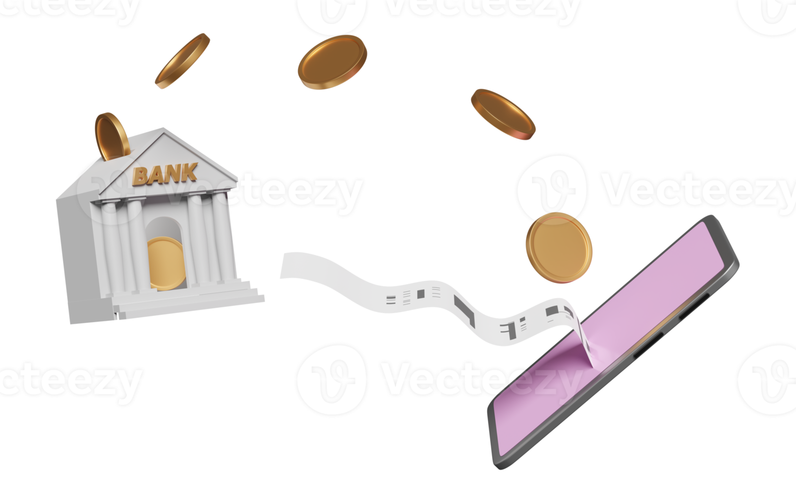 teléfono móvil, teléfono inteligente violeta con monedas, banco o edificio de oficinas de impuestos, factura, recibo en papel, pago electrónico de facturas aislado. concepto de ahorro de dinero, ilustración 3d, presentación 3d png