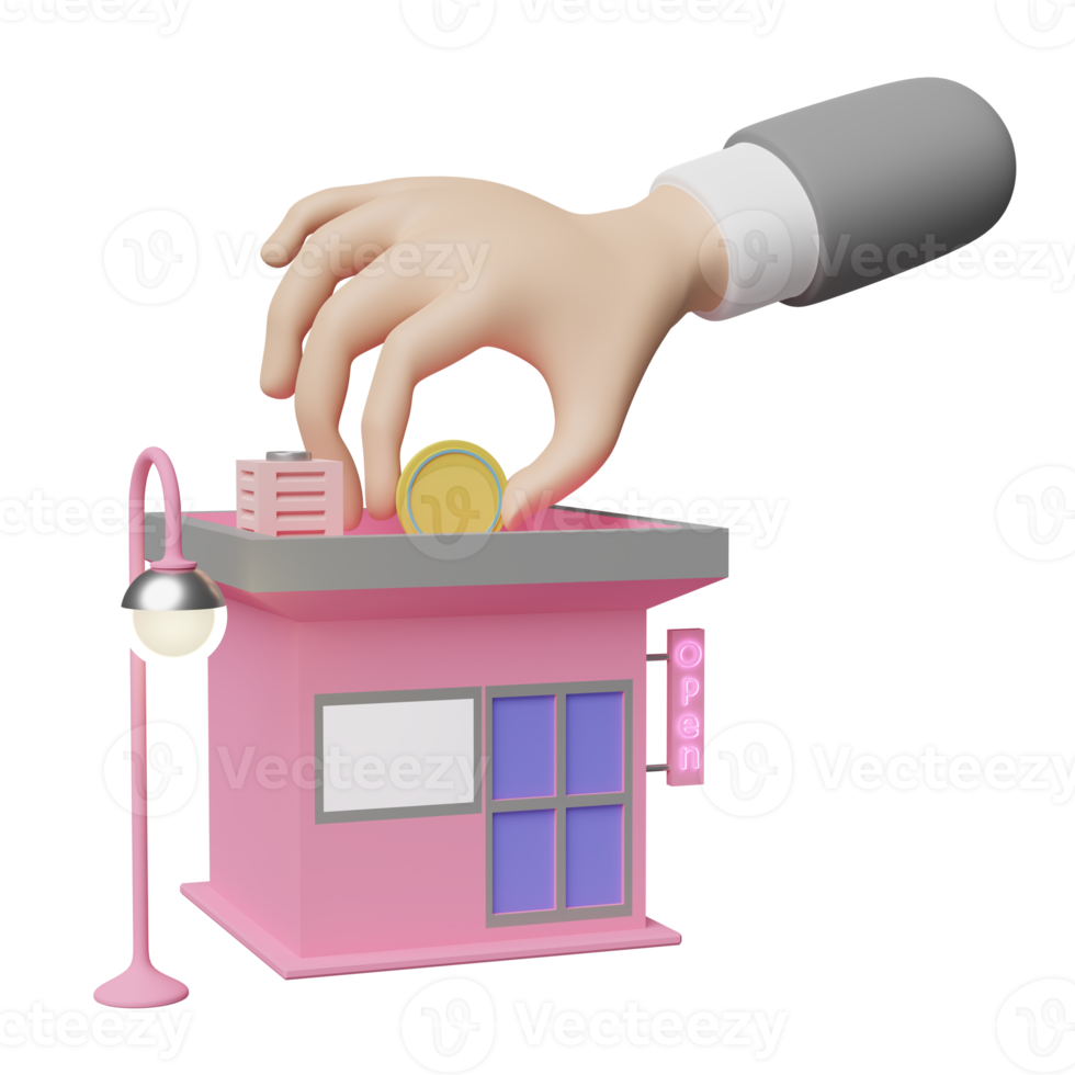 building shop store front with businessman hands holding coin, coffee table isolated. startup franchise business, saving money, business growth concept, 3d illustration, 3d render png