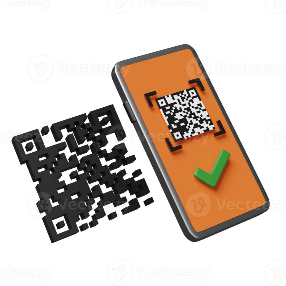 orange mobile phone or smartphone with barcode, qr code scanning, check mark isolated. online shopping concept, 3d illustration, 3d render png