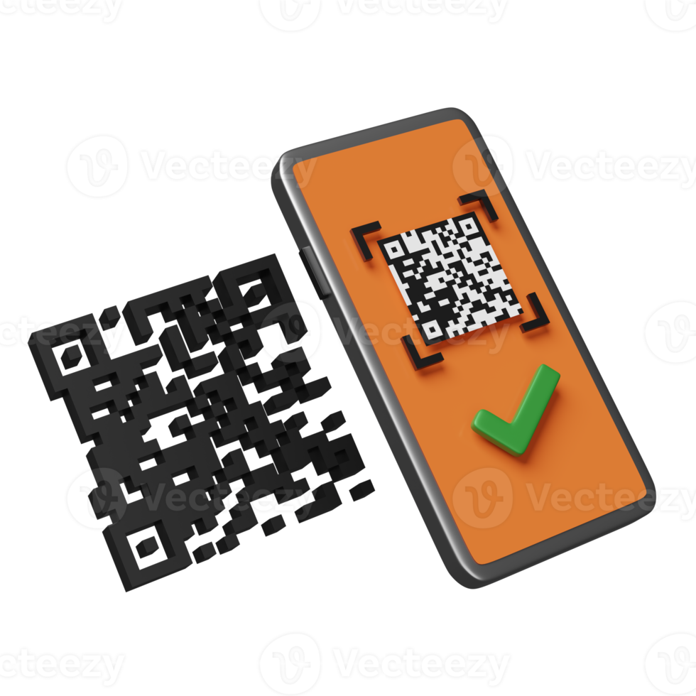 orange mobil telefon eller smartphone med streckkod, qr koda läser in, kolla upp mark isolerat. uppkopplad handla begrepp, 3d illustration, 3d framställa png