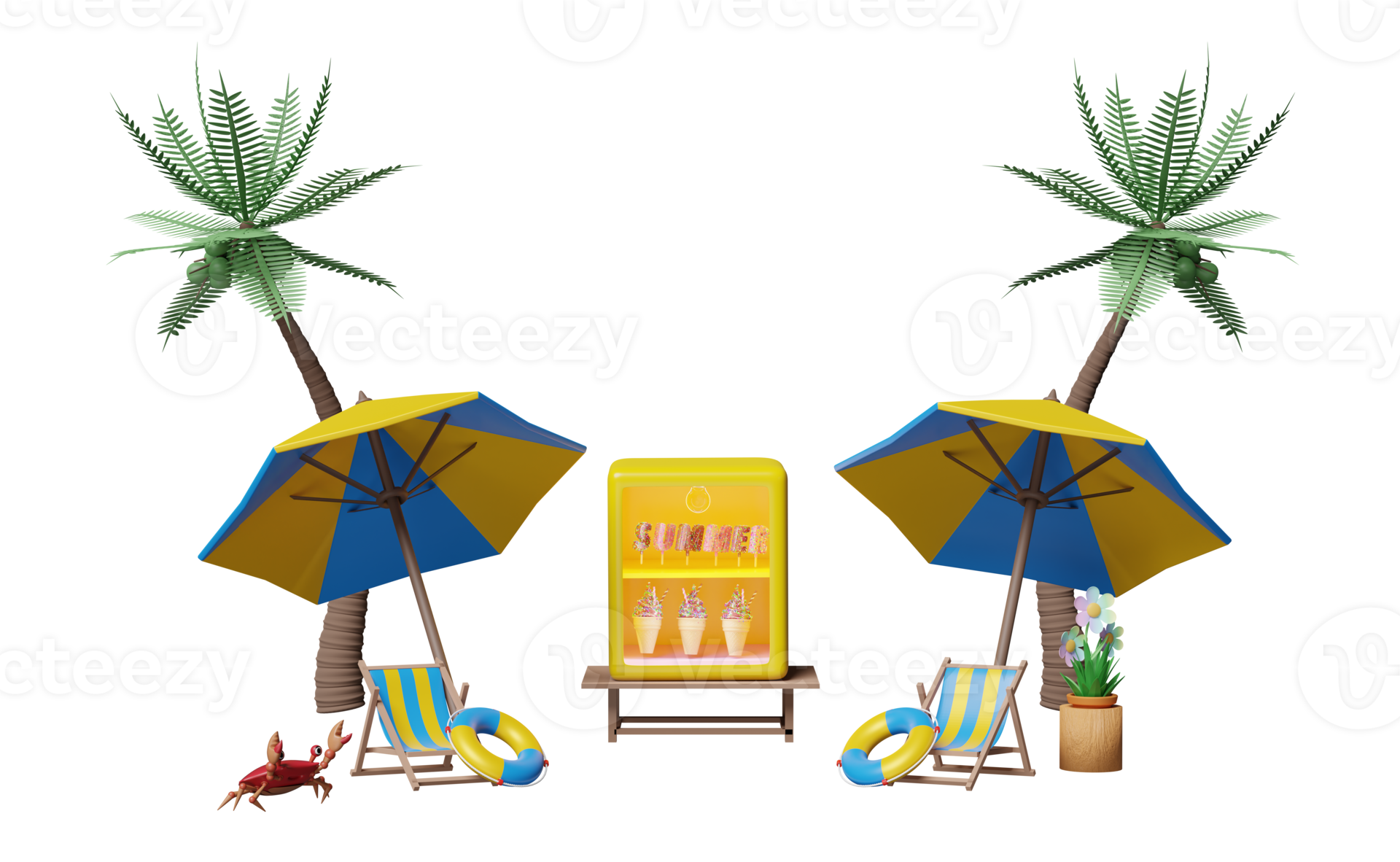 shop store cafe with ice cream showcases or fridge, crab, umbrella