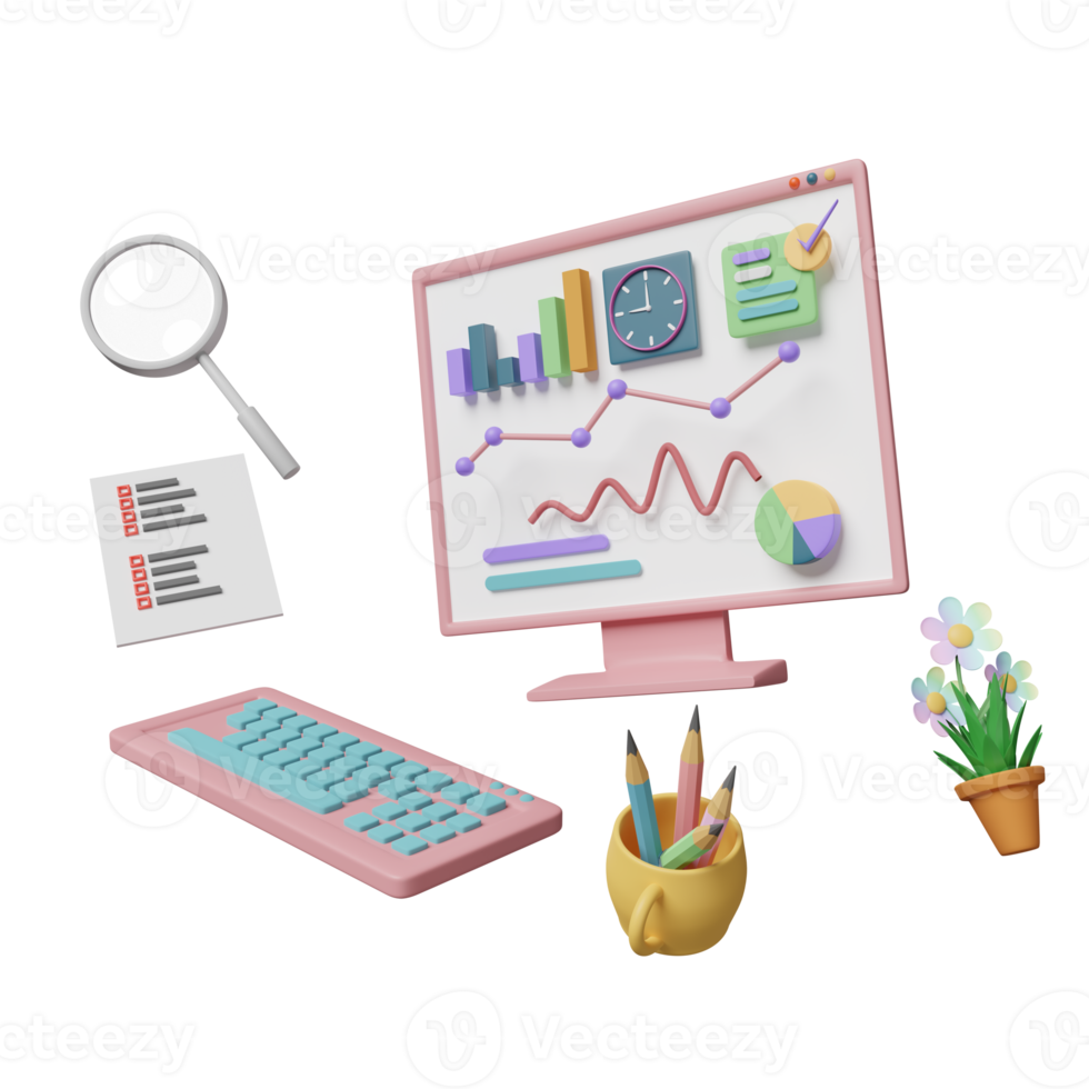 3d laptop computer with charts graph, analysis business financial data, magnifying glass, clipboard checklist isolated. Online marketing, business strategy concept, 3d render illustration png