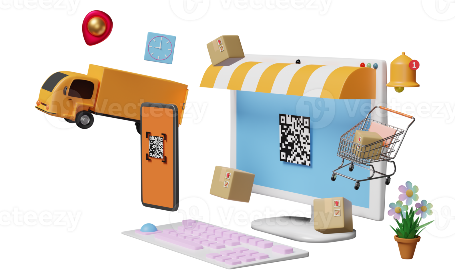 computer monitor with mobile phone, smartphone, truck, qr code scanning, goods cardboard box isolated. Online delivery, online order tracking concept, 3d illustration, 3d render png