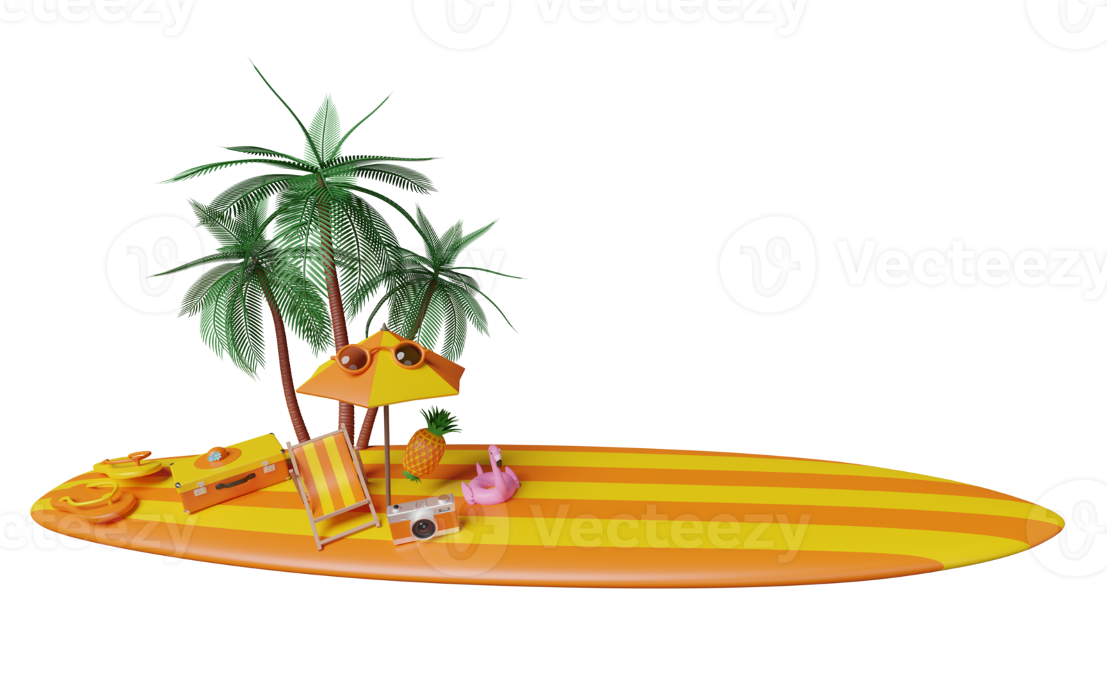 viaje de verano con maleta naranja, silla de playa, sombrilla, gafas de sol, tabla de surf, flamenco inflable, palmera, sandalias, sombrero, cámara aislada. concepto de ilustración 3d o renderizado 3d png